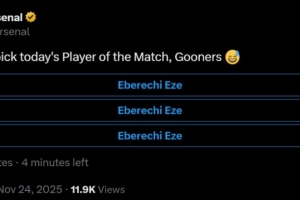 阿森纳官方全场最佳投票，选项：埃泽、埃泽、埃泽