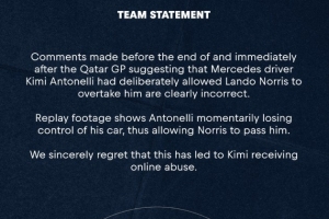 红牛官方声明：关于安东内利故意让诺里斯超越的言论是错误的